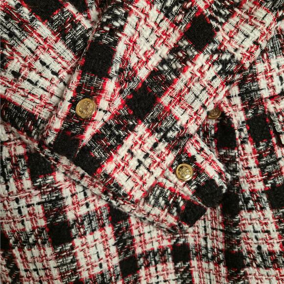 Zara Plaid Double Breasted Plaid Tweed Red Long Oversized Blazer Size M Holiday - Picture 7 of 16